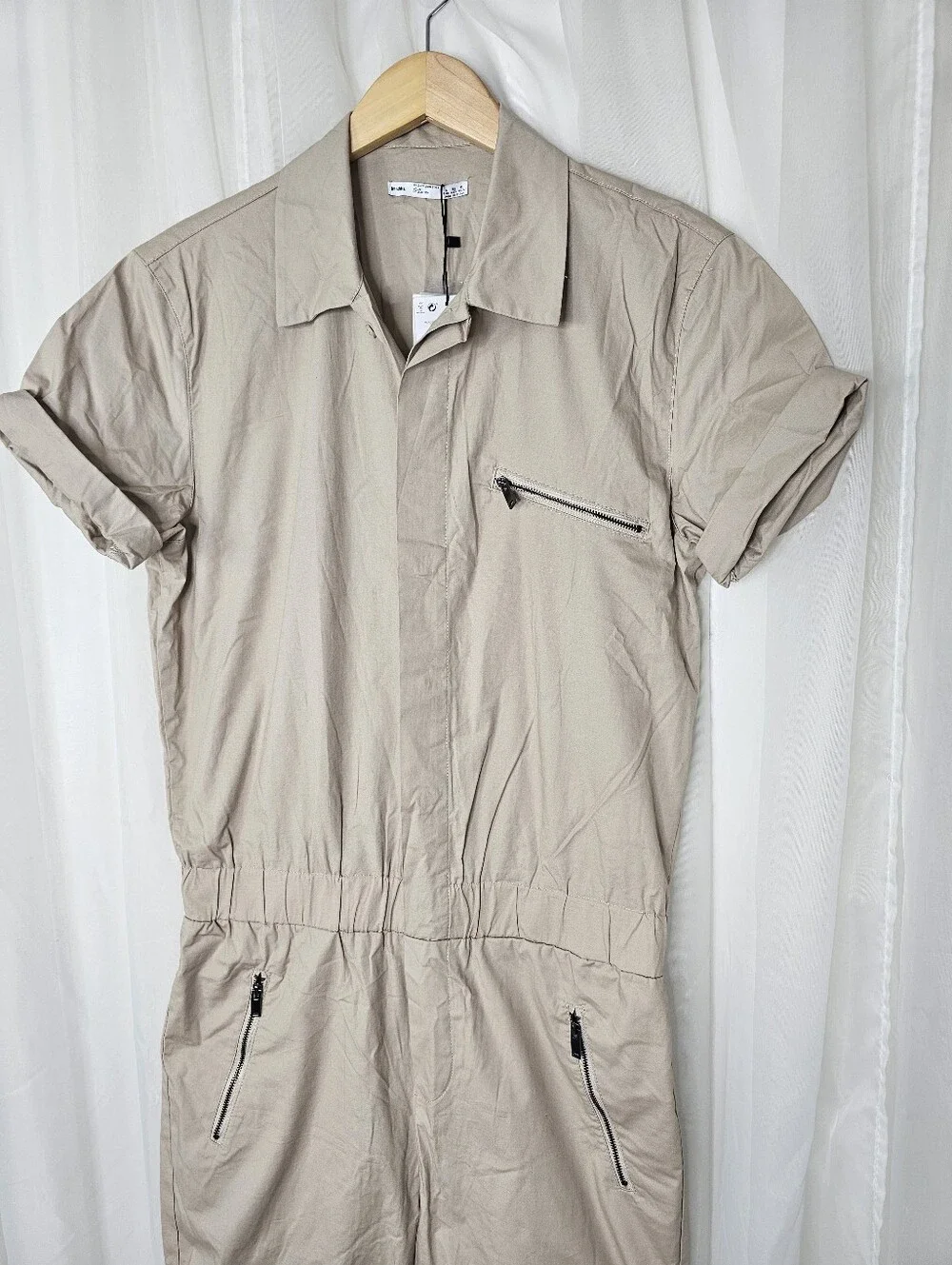 Bershka Menswear Utility Shorts Coverall Jumpsuit Shortall Tan Khaki Small NEW